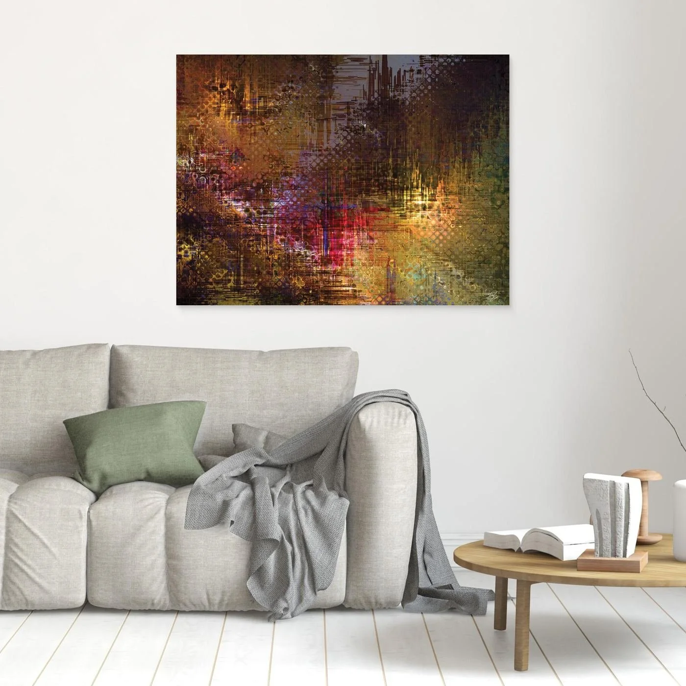 Abstract fine art print evoking a textured futuristic city skyline with complex digital glitch patterns and geometric grids in bronze, gold, and red tones, framed and ready to hang. In living room