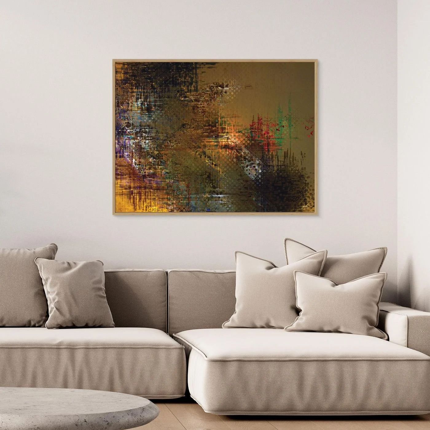 Abstract fine art print showcasing intricate glitch patterns and geometric grids overlaying a muted brown background with industrial tones, framed and ready to hang. Over grey sofa