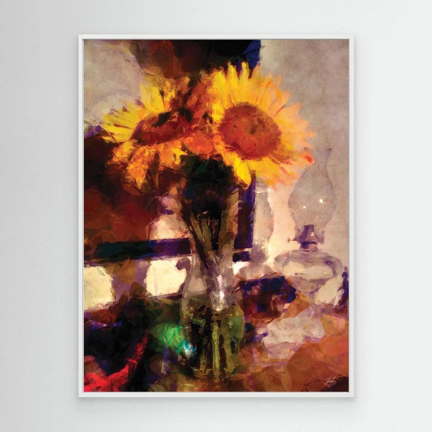 Fine art print depicting a rustic still life with vibrant yellow sunflowers in a vase next to a vintage glass kerosene lamp, featuring rich textures and warm orange and brown tones. With white frame