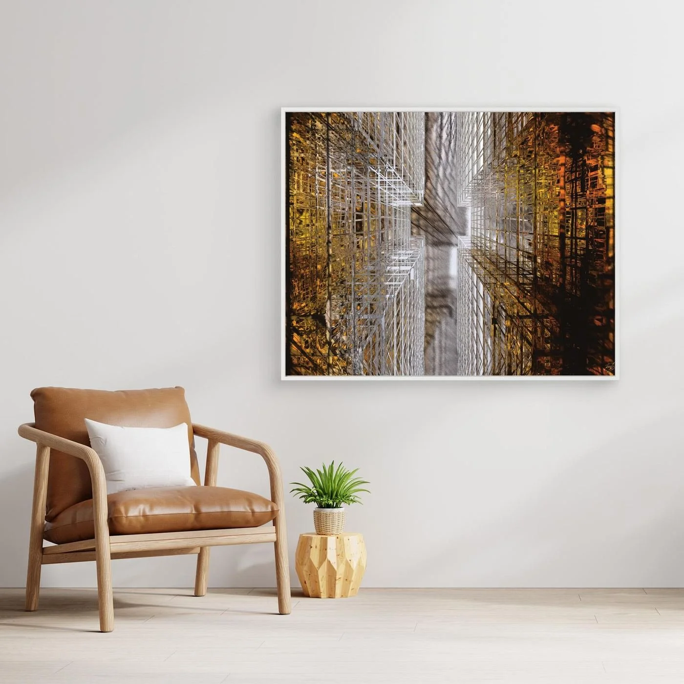 Abstract fine art print showing a dramatic top-down perspective of intricate geometric grid structures in industrial gold and silver tones, framed and ready to hang. With chair