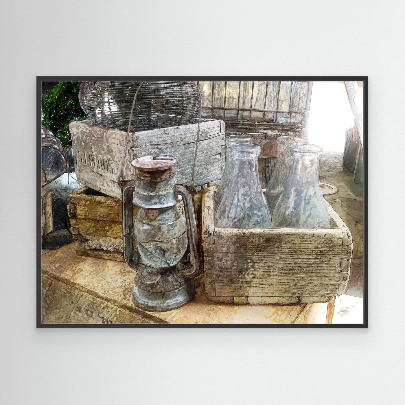 Vintage fine art print of an antique kerosene lantern, glass bottles in a rustic wooden crate, and weathered textures in warm neutral tones, framed and ready to hang. With black frame