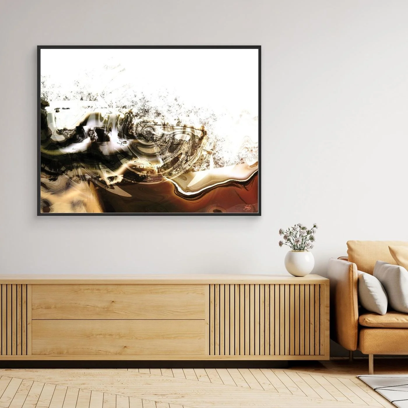 Minimalist digital art print featuring fluid abstract waves and splatters in brown, sepia, and black tones on a clean white background, framed and ready to hang. Over wooden console