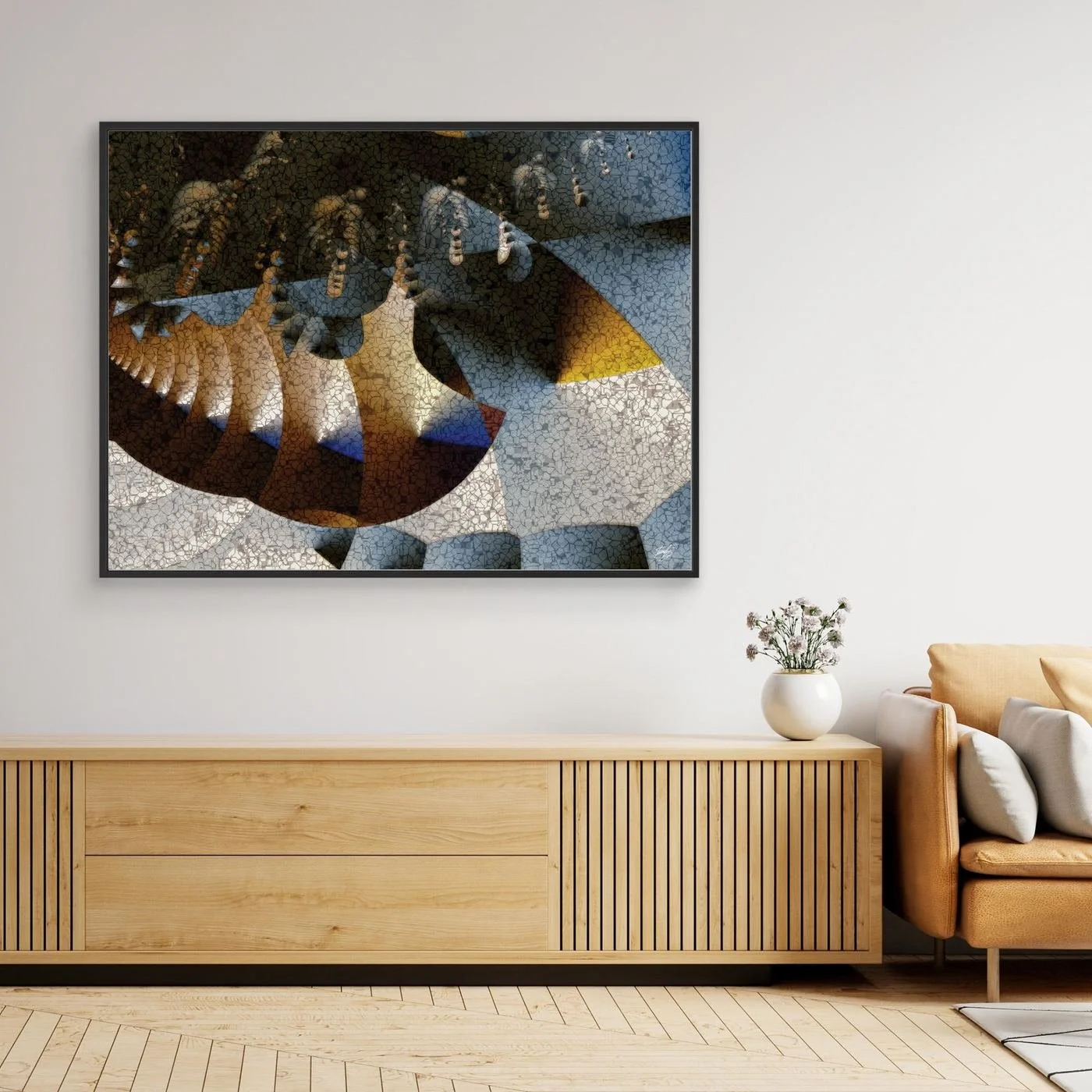 Abstract fine art print featuring textured geometric shapes, mosaic patterns, and a color palette of gold, brown, and blue, framed and ready to hang. Over wooden console