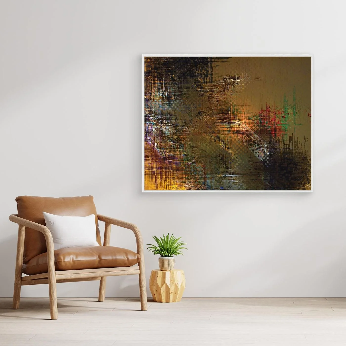 Abstract fine art print showcasing intricate glitch patterns and geometric grids overlaying a muted brown background with industrial tones, framed and ready to hang. With chair
