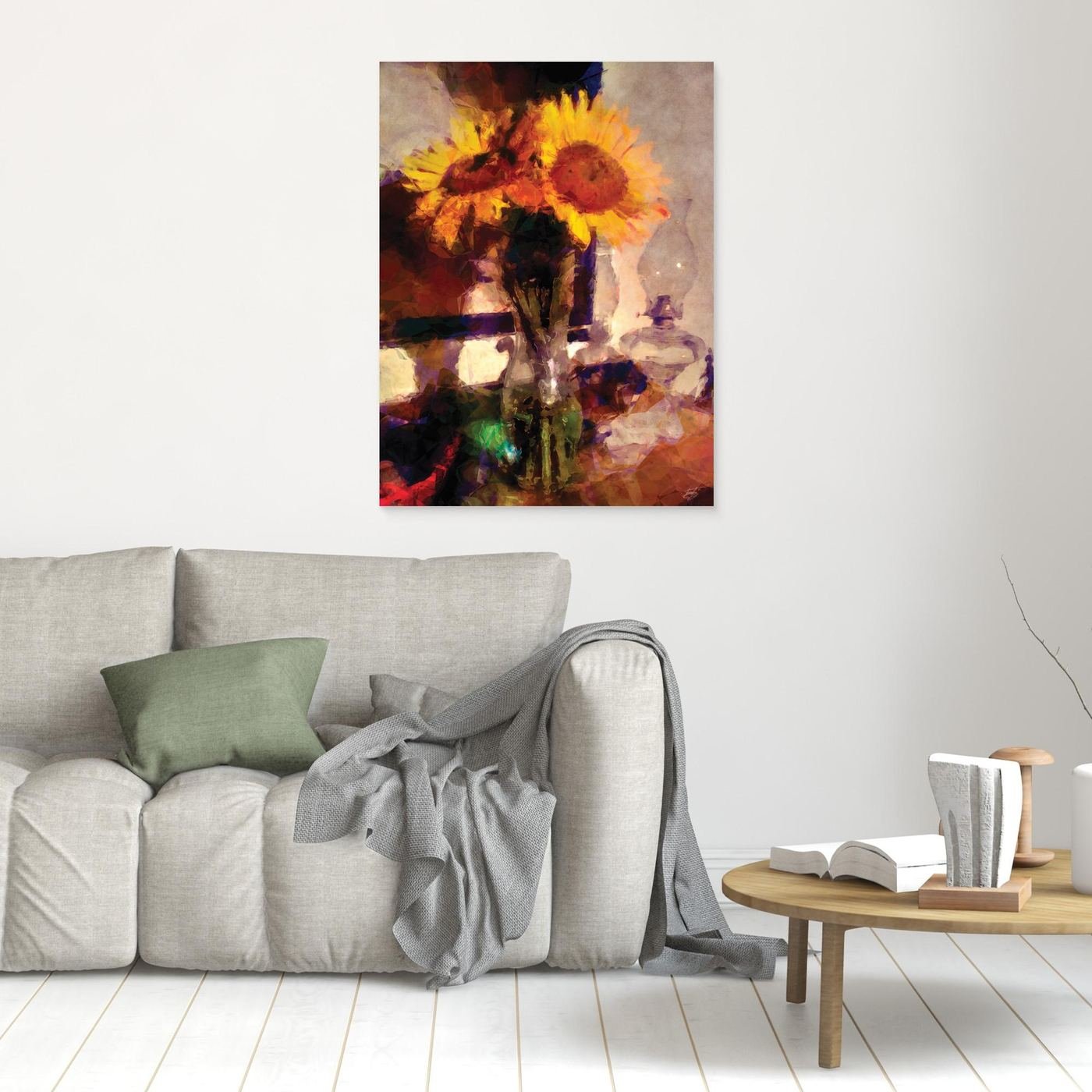 Fine art print depicting a rustic still life with vibrant yellow sunflowers in a vase next to a vintage glass kerosene lamp, featuring rich textures and warm orange and brown tones. In living room