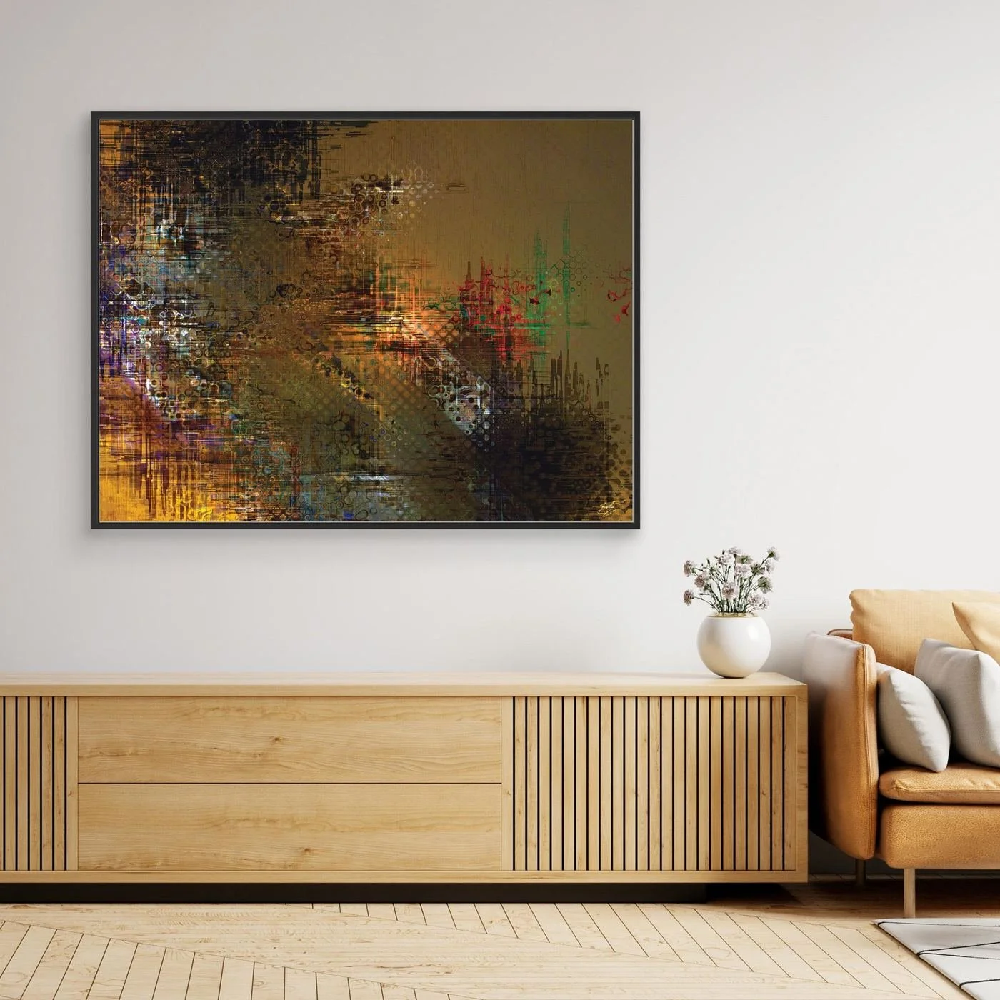 Abstract fine art print showcasing intricate glitch patterns and geometric grids overlaying a muted brown background with industrial tones, framed and ready to hang. Over wooden console