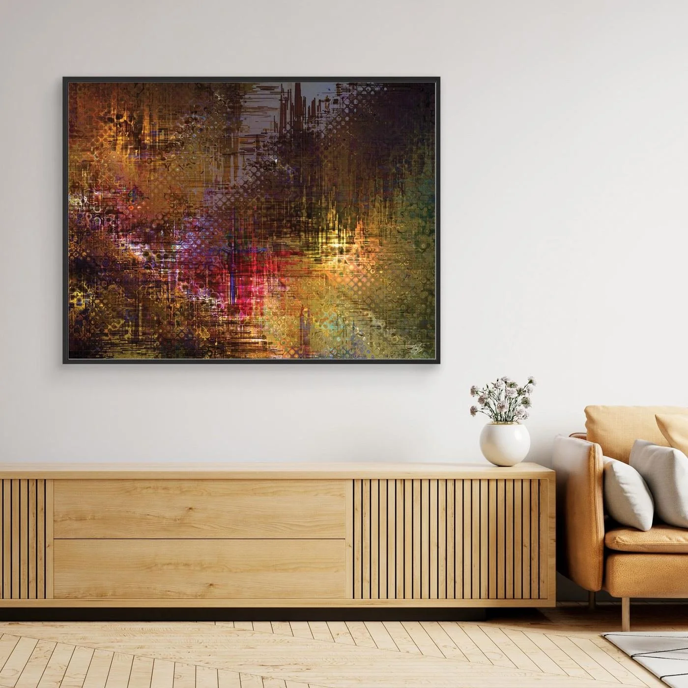 Abstract fine art print evoking a textured futuristic city skyline with complex digital glitch patterns and geometric grids in bronze, gold, and red tones, framed and ready to hang. Over console