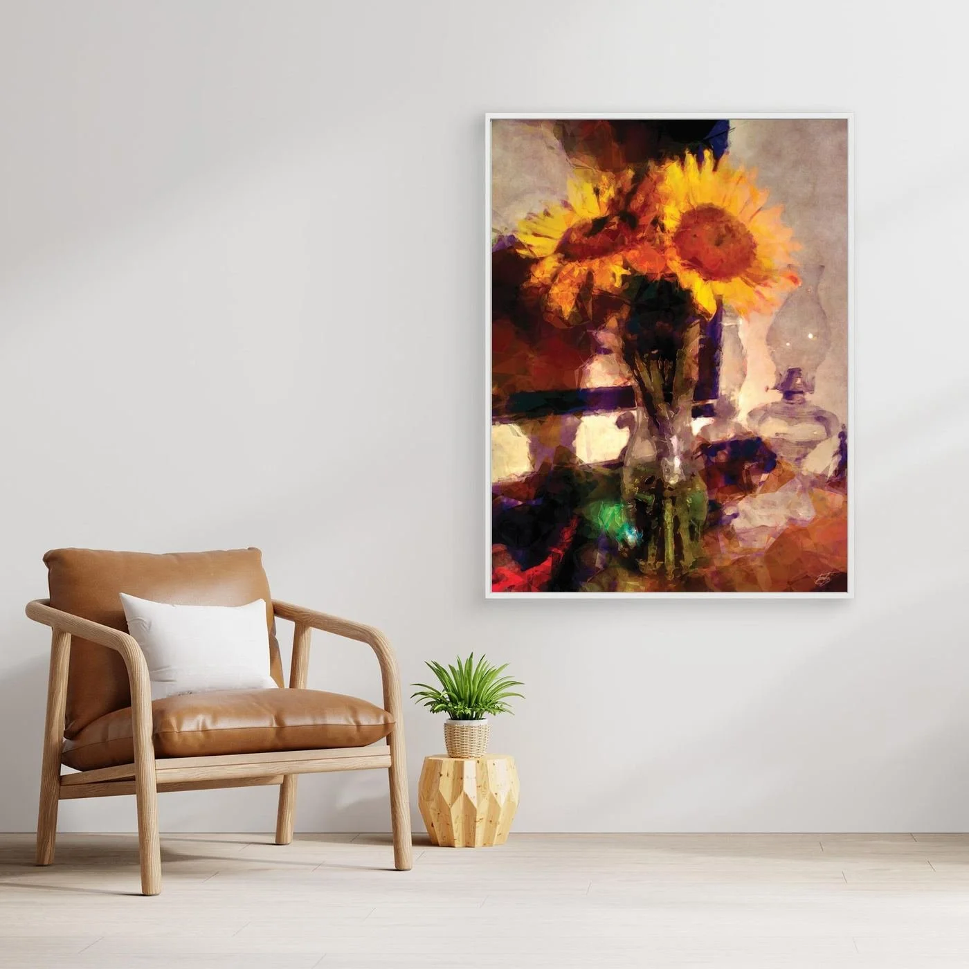 Fine art print depicting a rustic still life with vibrant yellow sunflowers in a vase next to a vintage glass kerosene lamp, featuring rich textures and warm orange and brown tones. With chair