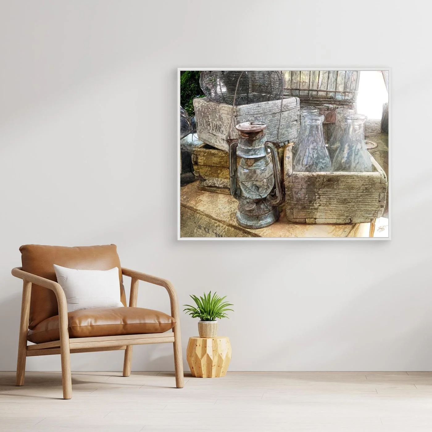 Vintage fine art print of an antique kerosene lantern, glass bottles in a rustic wooden crate, and weathered textures in warm neutral tones, framed and ready to hang. With chair