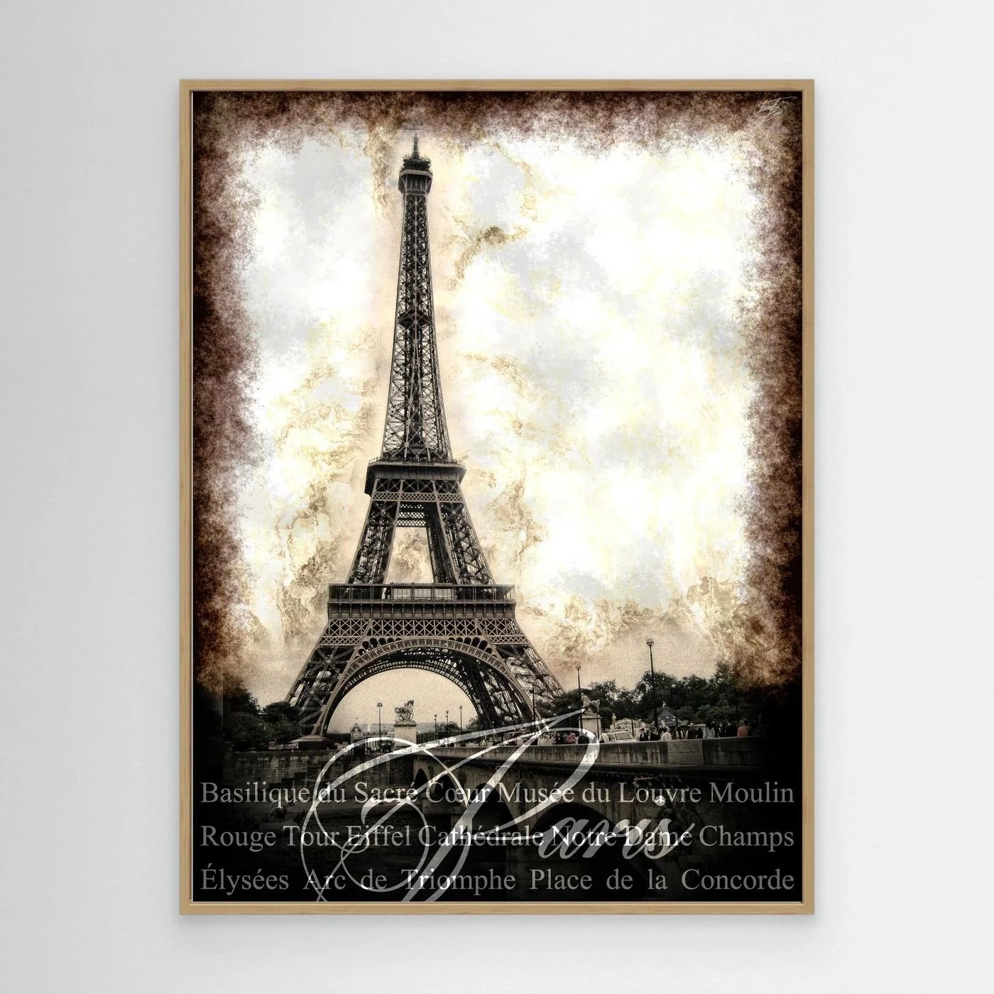 Vintage fine art print of Paris featuring the Eiffel Tower with a textured sepia background and elegant typography of French landmarks, framed and ready to hang. With wooden frame