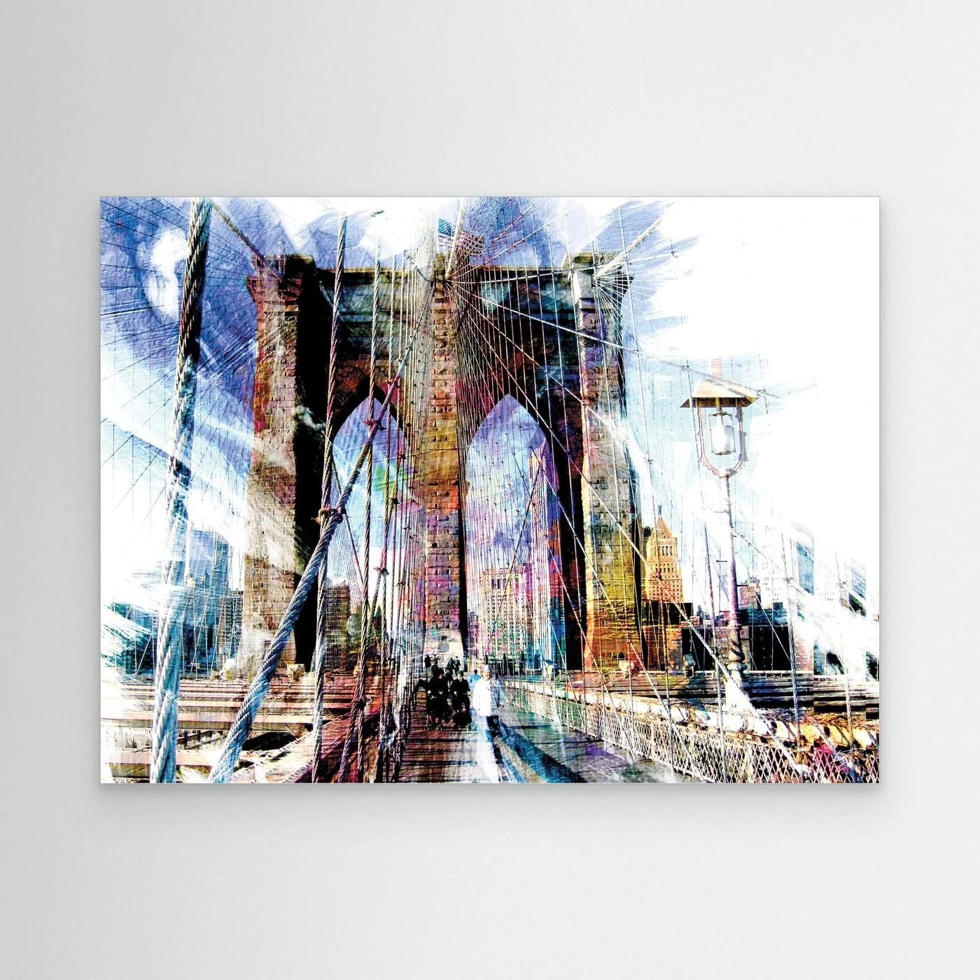 Expressionist fine art print of a dramatic walking perspective of the Brooklyn Bridge with high-contrast architectural line textures and bright highlights, framed and ready to hang.