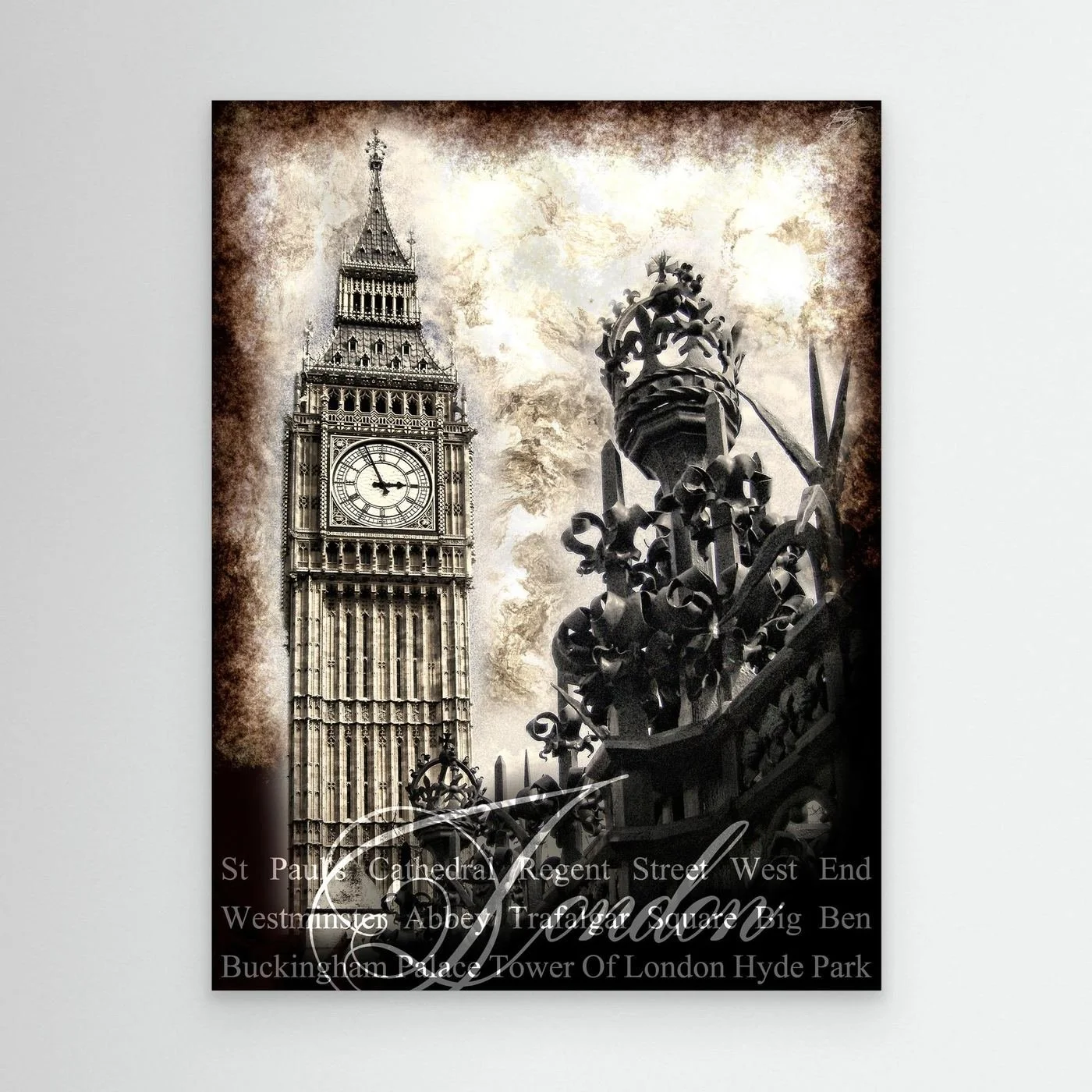 Vintage fine art print of London featuring the Big Ben clock tower and a royal crown gate ornament in dramatic sepia tones with typography of landmarks, framed and ready to hang.