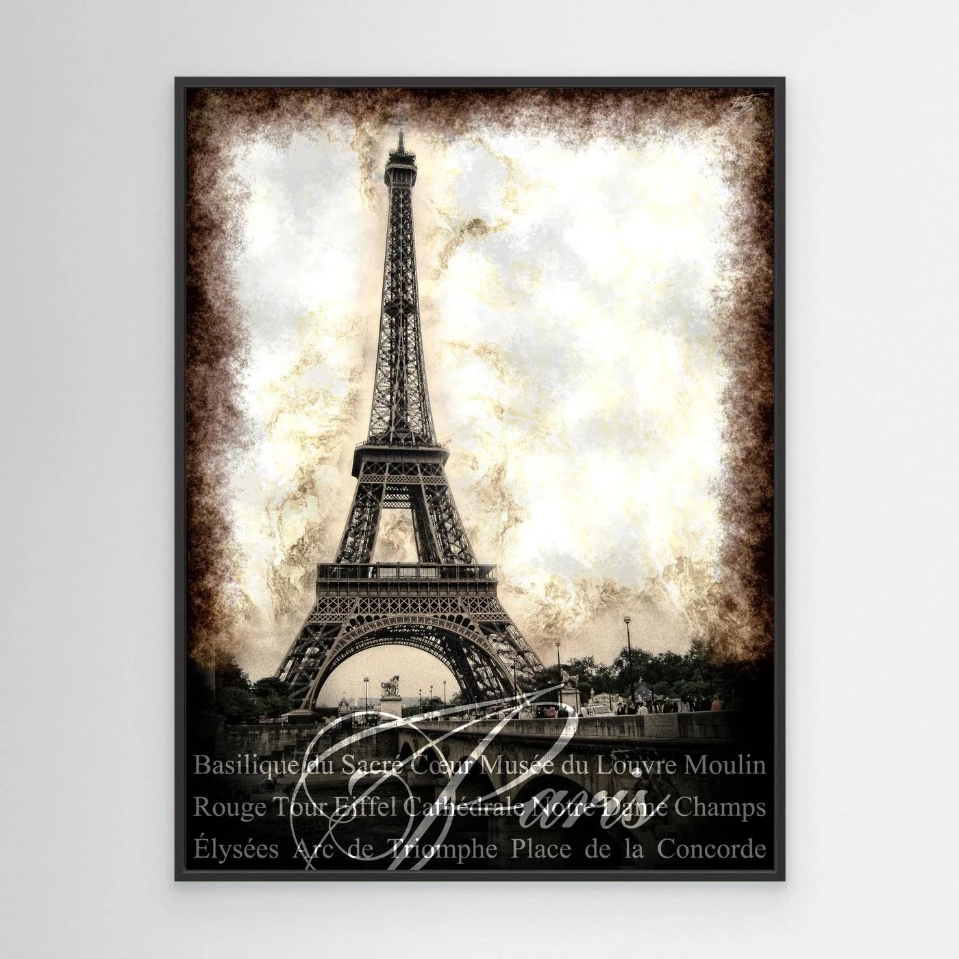Vintage fine art print of Paris featuring the Eiffel Tower with a textured sepia background and elegant typography of French landmarks, framed and ready to hang. With black frame