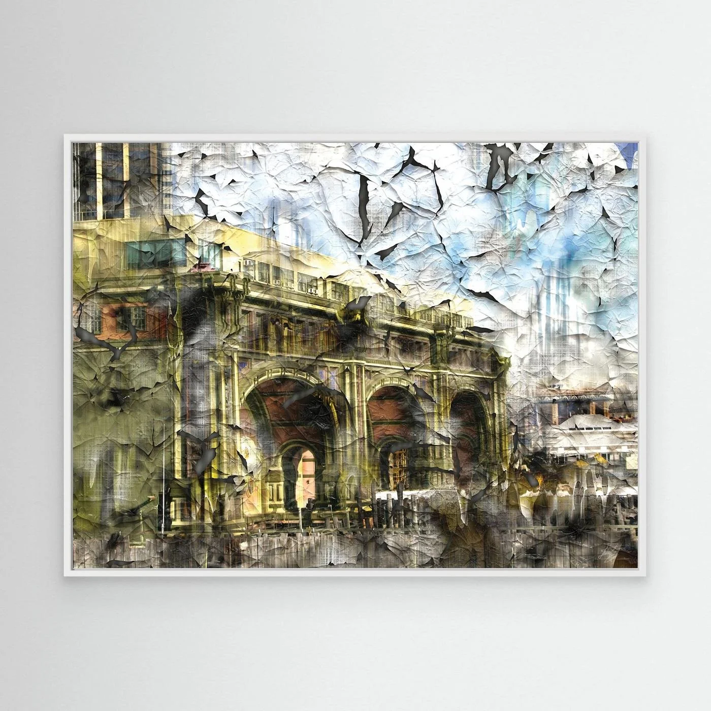 Abstract fine art print showcasing classical building arches with heavy cracked and distressed paint textures in gold, grey, and soft blue tones, framed and ready to hang. With white frame