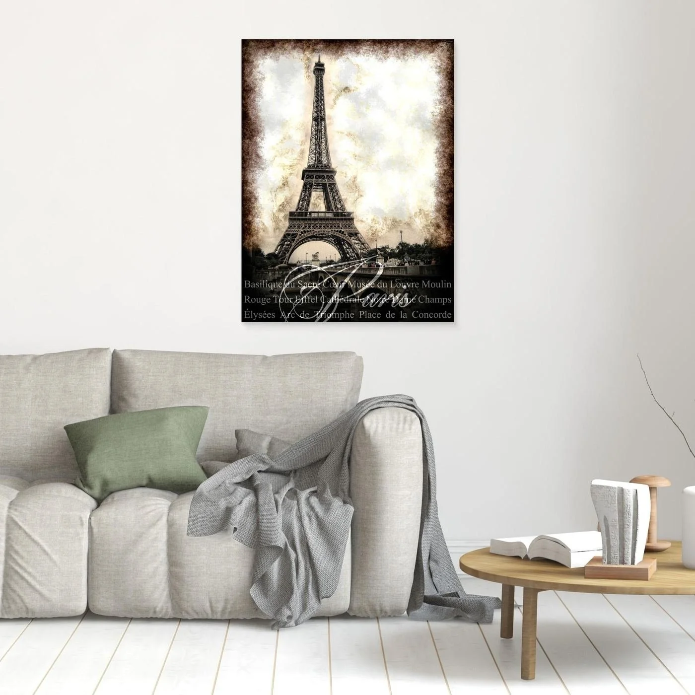 Vintage fine art print of Paris featuring the Eiffel Tower with a textured sepia background and elegant typography of French landmarks, framed and ready to hang. In living room