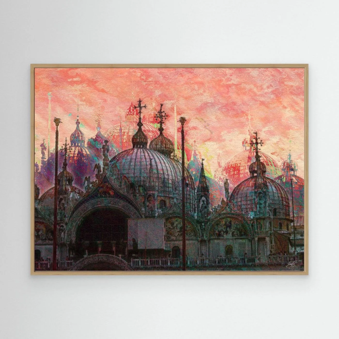 Expressionist digital art print showcasing St. Mark's Basilica in Venice with intricate dome details under a textured pink and coral sky, framed and ready to hang. With wooden frame