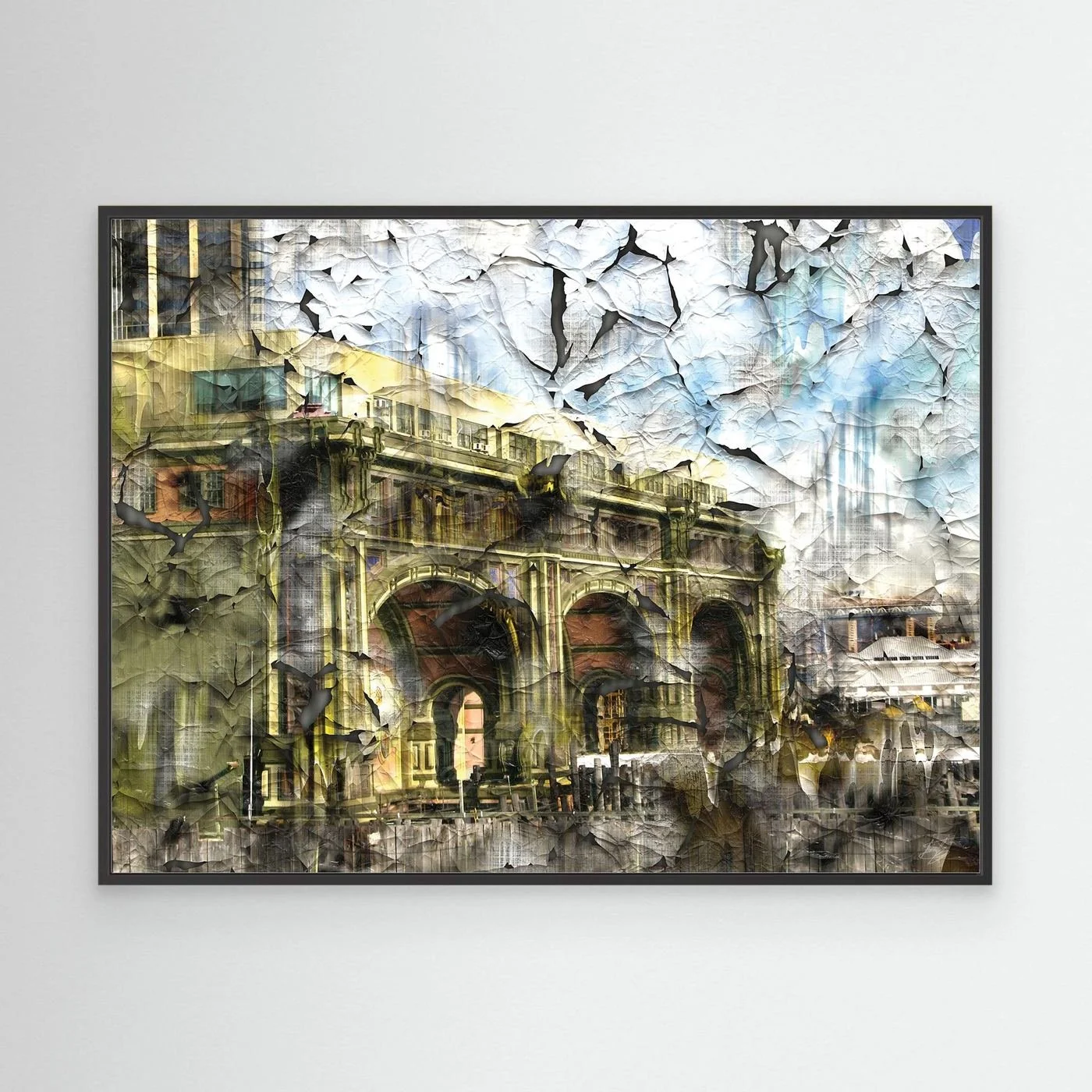 Abstract fine art print showcasing classical building arches with heavy cracked and distressed paint textures in gold, grey, and soft blue tones, framed and ready to hang. With black frame