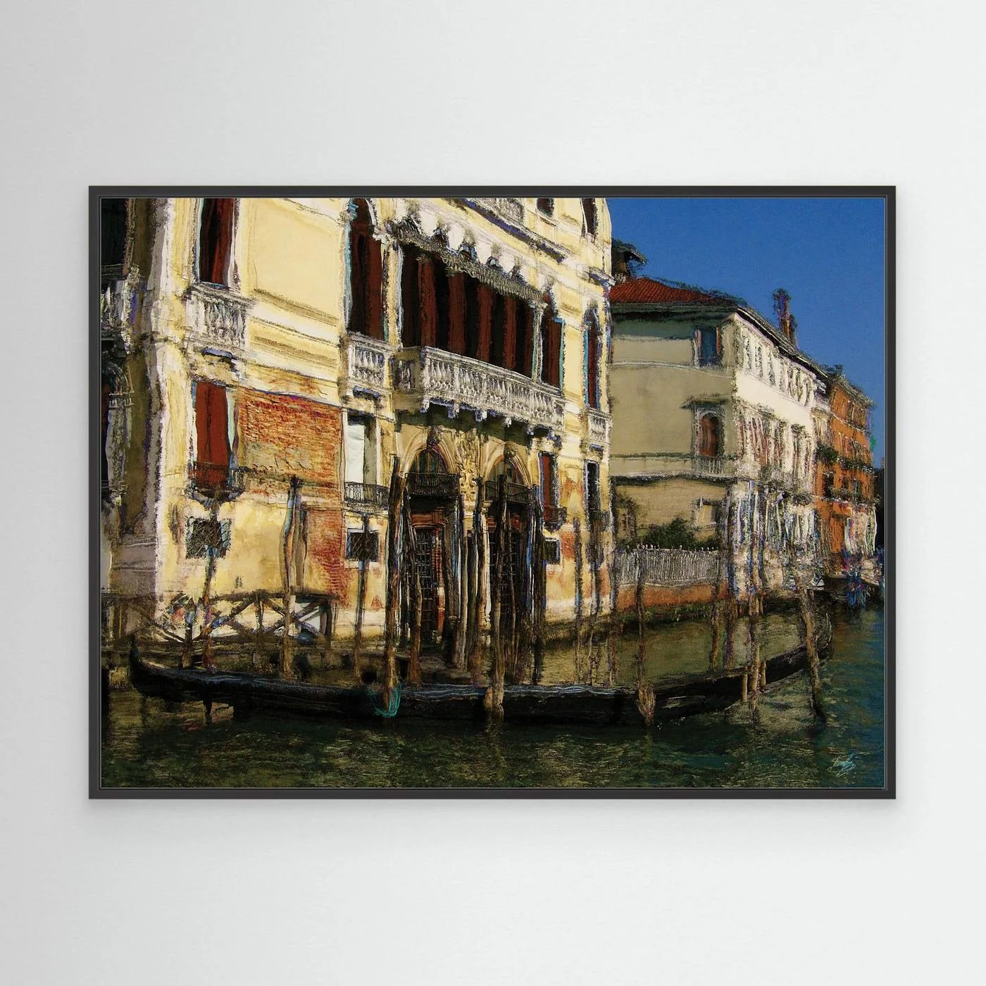 Expressionist fine art print of a historic Venetian palazzo along the Grand Canal with a gondola and textured oil painting brushstrokes, framed and ready to hang. With black frame