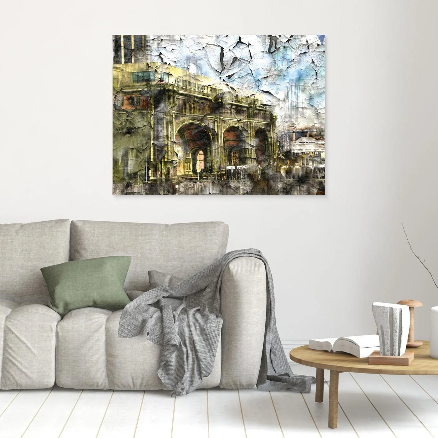 Abstract fine art print showcasing classical building arches with heavy cracked and distressed paint textures in gold, grey, and soft blue tones, framed and ready to hang. In living room