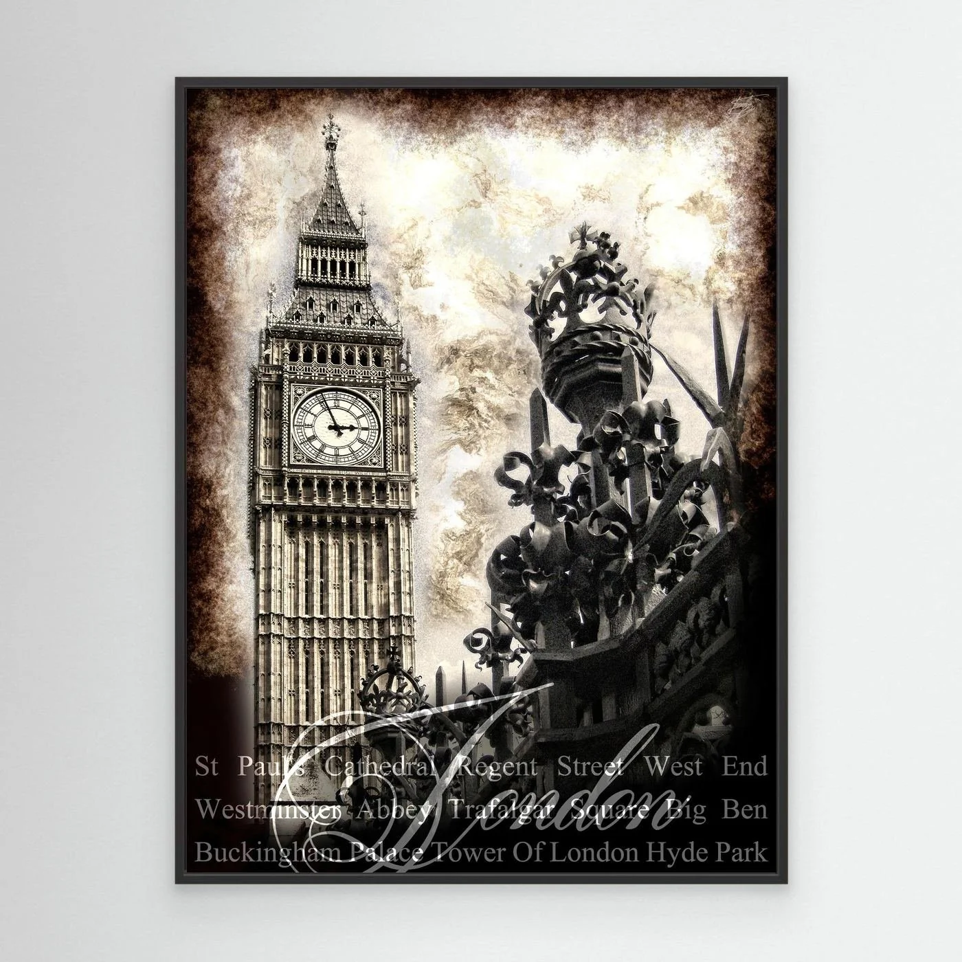 Vintage fine art print of London featuring the Big Ben clock tower and a royal crown gate ornament in dramatic sepia tones with typography of landmarks, framed and ready to hang. With black frame