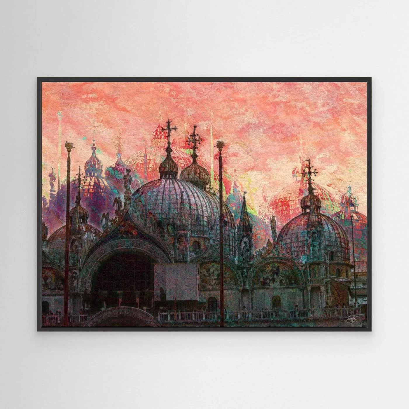 Expressionist digital art print showcasing St. Mark's Basilica in Venice with intricate dome details under a textured pink and coral sky, framed and ready to hang. With black frame