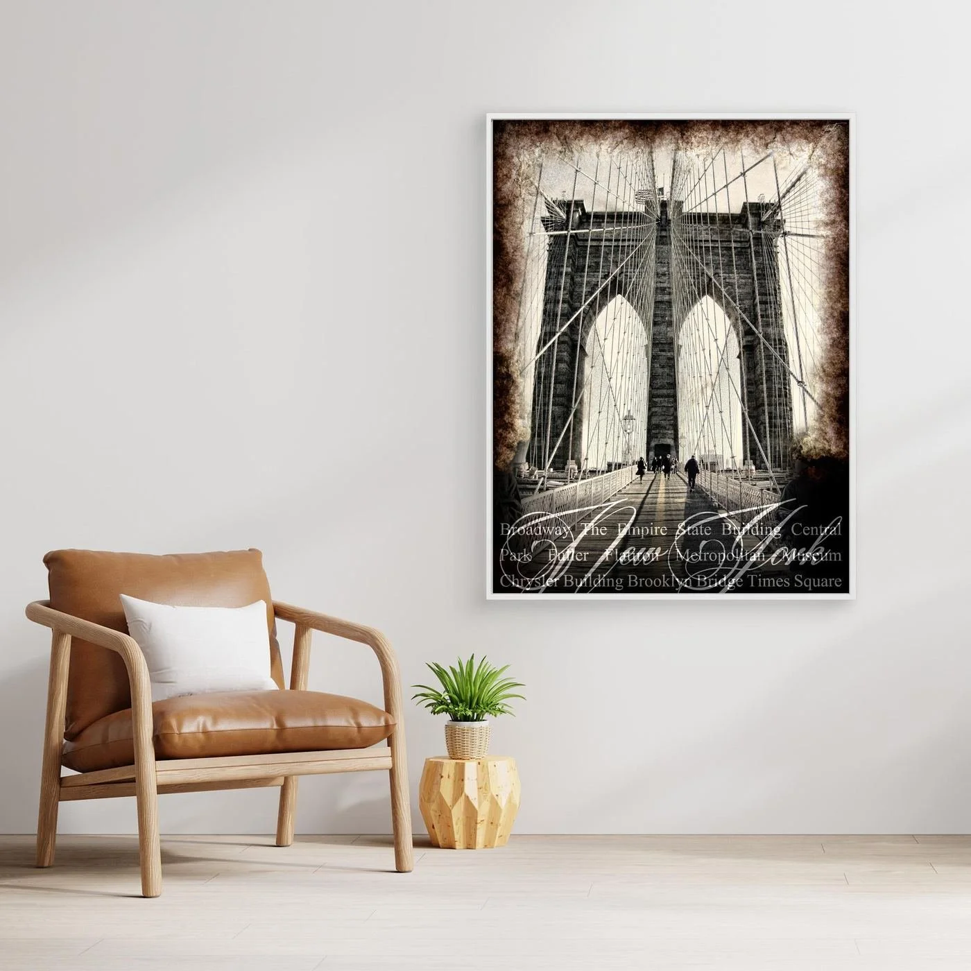 Vintage fine art print of New York City of Brooklyn Bridge with a textured sepia background and elegant typography of NYC landmarks, framed and ready to hang. With chair