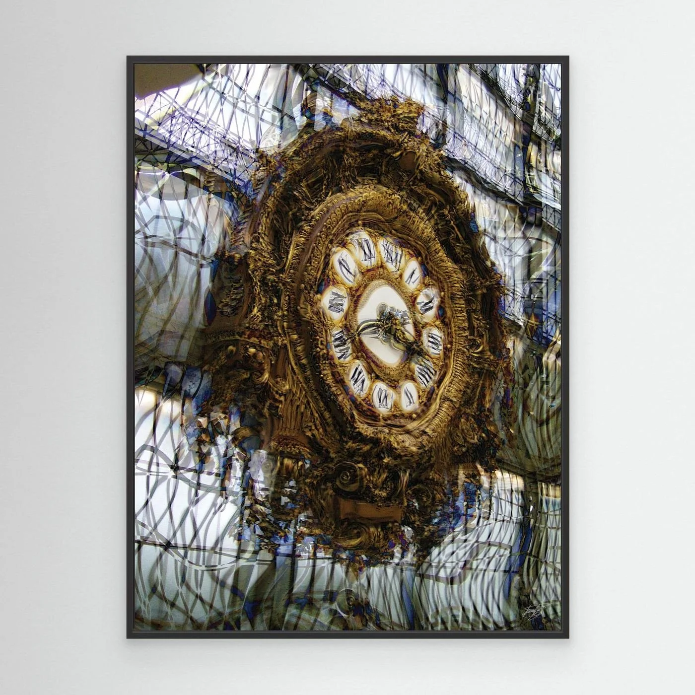 Fine art print of the ornate gold clock from the Musee d'Orsay in Paris, integrated into a complex abstract grid of glass and steel architecture, framed and ready to hang. With black frame