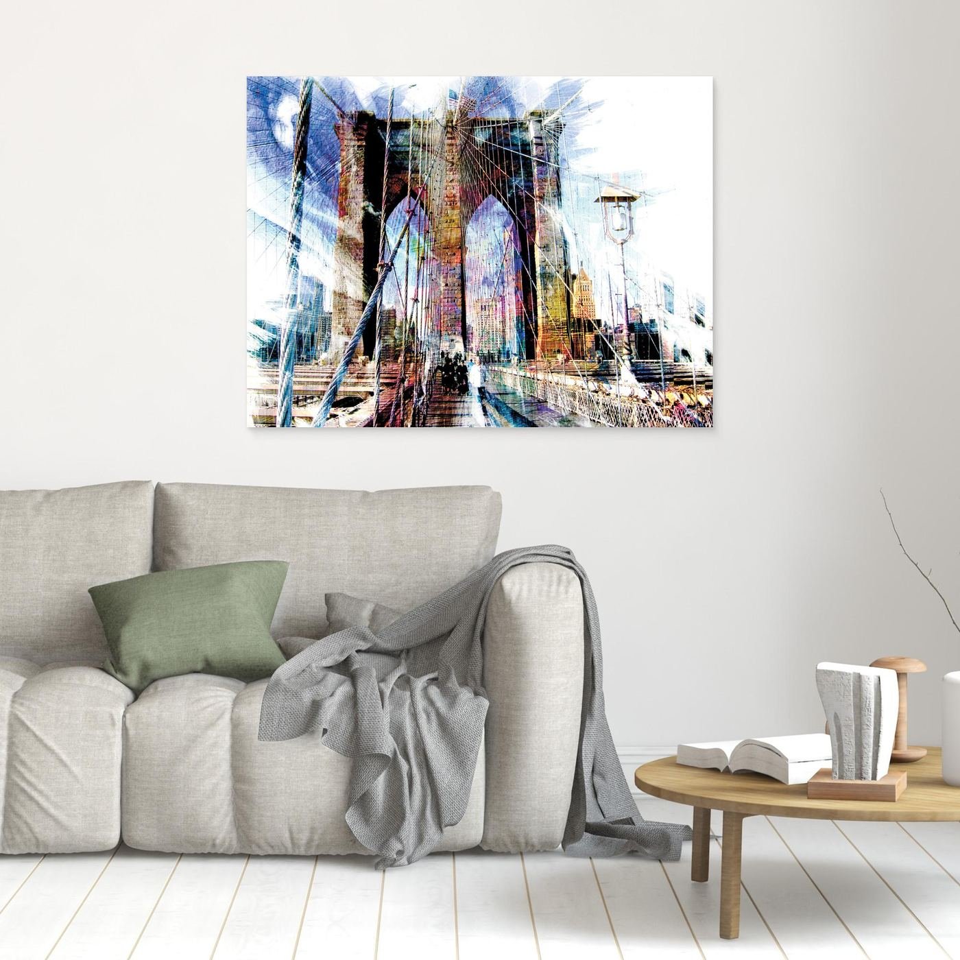 Expressionist fine art print of a dramatic walking perspective of the Brooklyn Bridge with high-contrast architectural line textures and bright highlights, framed and ready to hang. In living room