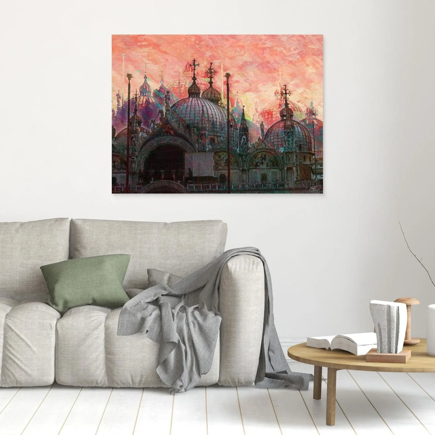 Expressionist digital art print showcasing St. Mark's Basilica in Venice with intricate dome details under a textured pink and coral sky, framed and ready to hang. In living room