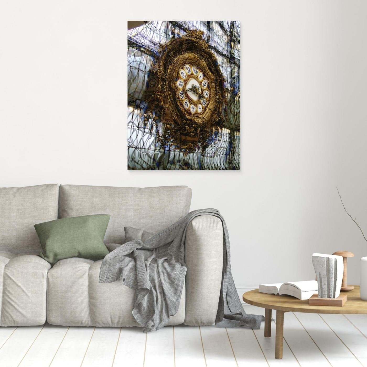 Fine art print of the ornate gold clock from the Musee d'Orsay in Paris, integrated into a complex abstract grid of glass and steel architecture, framed and ready to hang. In living room
