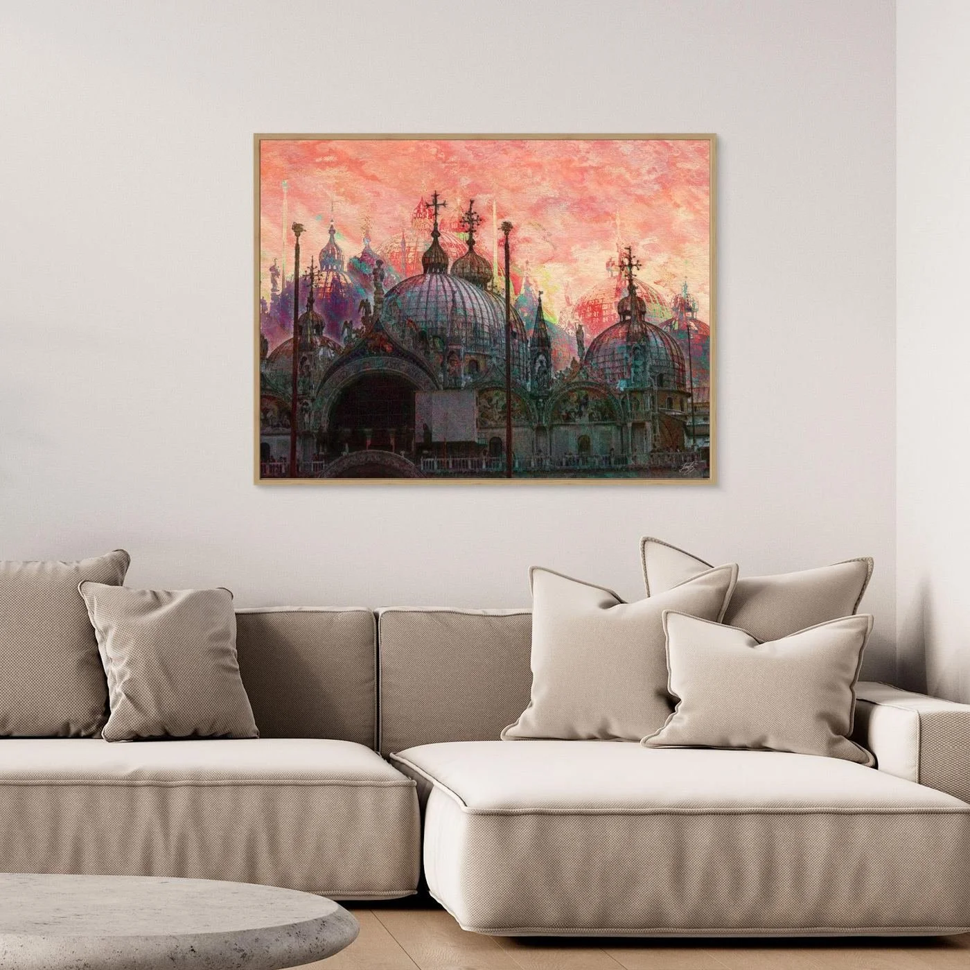 Expressionist digital art print showcasing St. Mark's Basilica in Venice with intricate dome details under a textured pink and coral sky, framed and ready to hang. Over grey couch