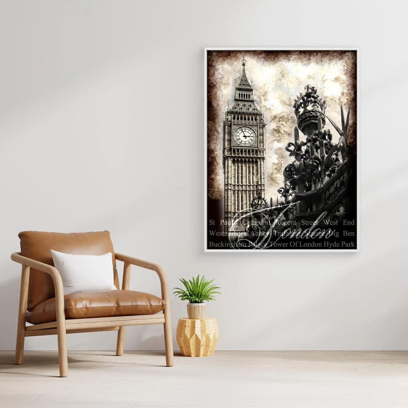 Vintage fine art print of London featuring the Big Ben clock tower and a royal crown gate ornament in dramatic sepia tones with typography of landmarks, framed and ready to hang. With chair