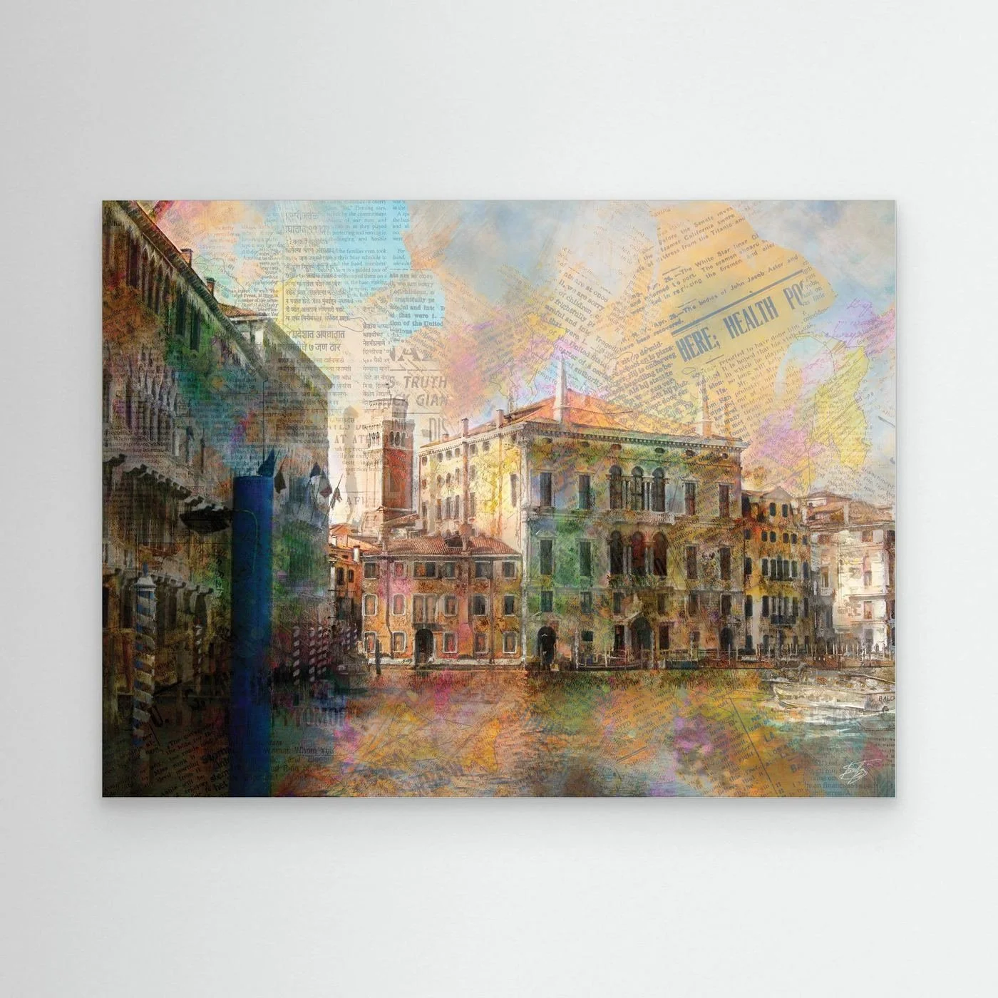 Fine art print collage of Venice featuring historic palazzo architecture overlaid with vintage newspaper clippings and vibrant watercolor textures, framed and ready to hang.