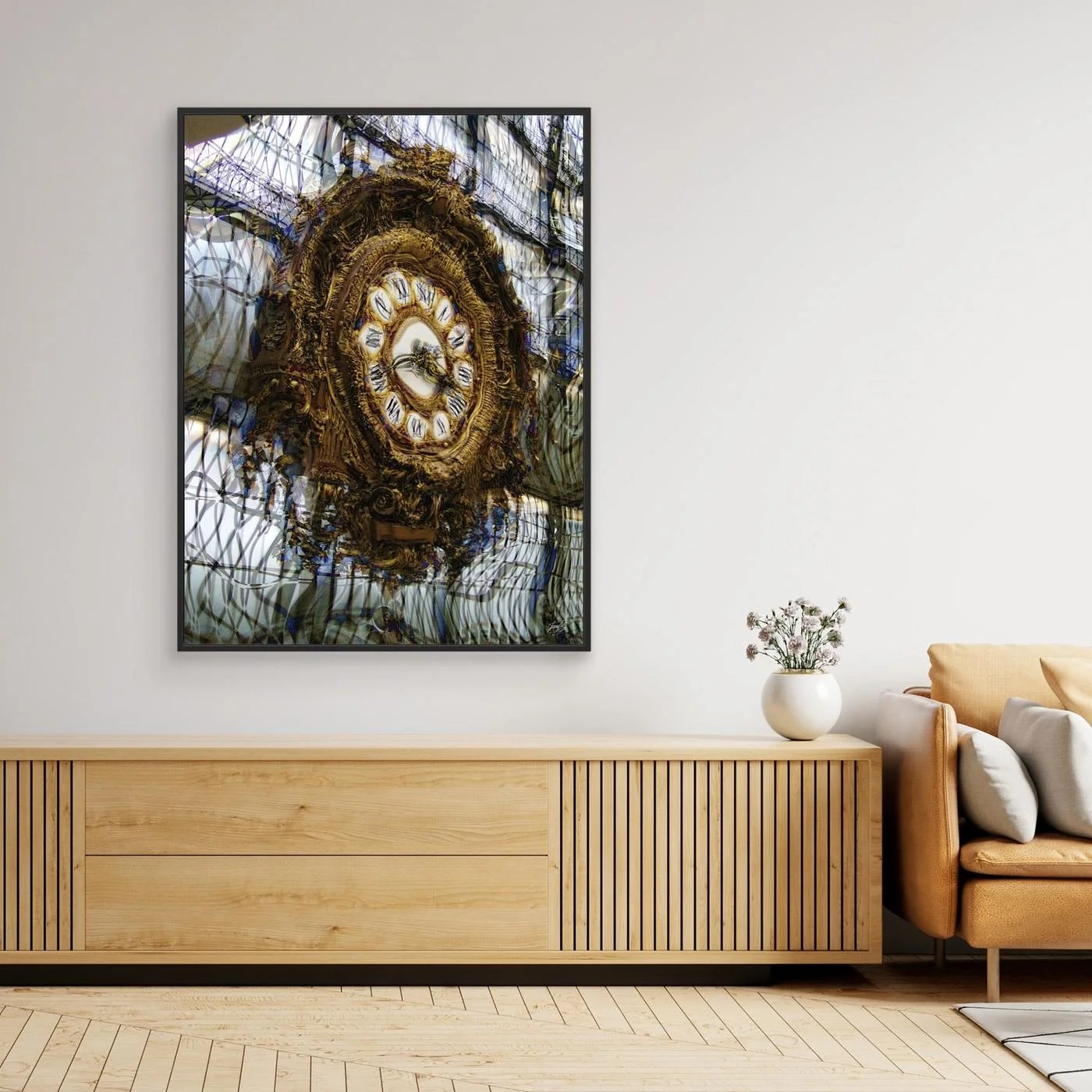 Fine art print of the ornate gold clock from the Musee d'Orsay in Paris, integrated into a complex abstract grid of glass and steel architecture, framed and ready to hang. Over wooden console