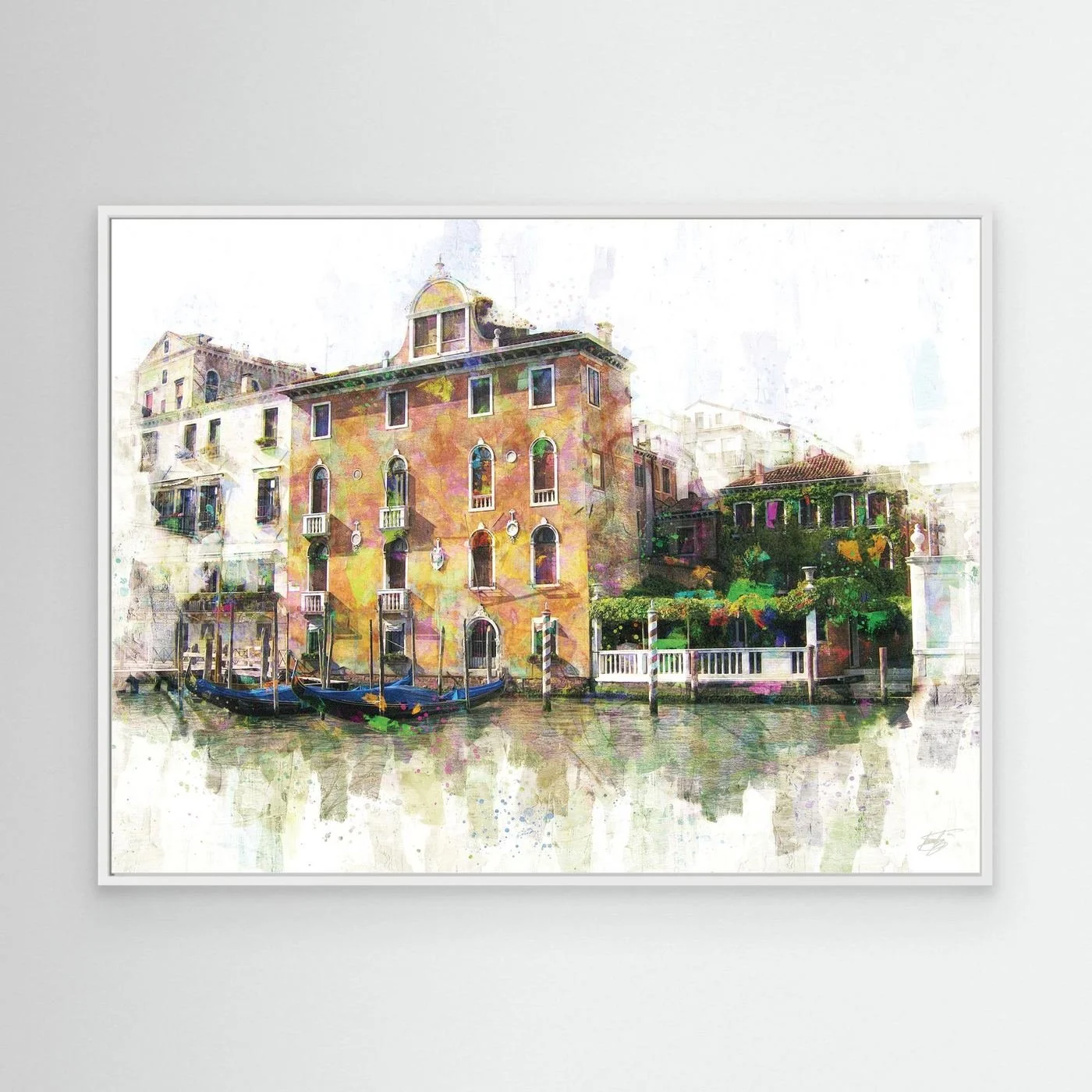Vibrant fine art print of a classic Venice canal landscape with historic Italian architecture, docked gondolas, and colorful reflections on the water, framed and ready to hang. With white frame
