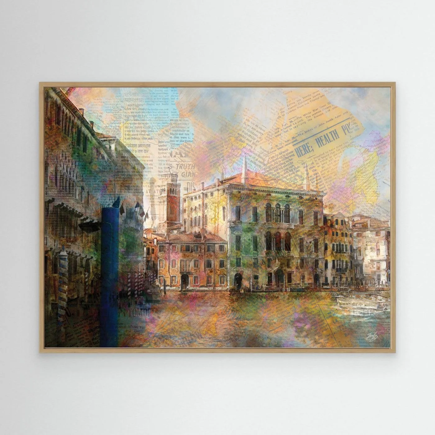 Fine art print collage of Venice featuring historic palazzo architecture overlaid with vintage newspaper clippings and vibrant watercolor textures, framed and ready to hang. With wooden frame