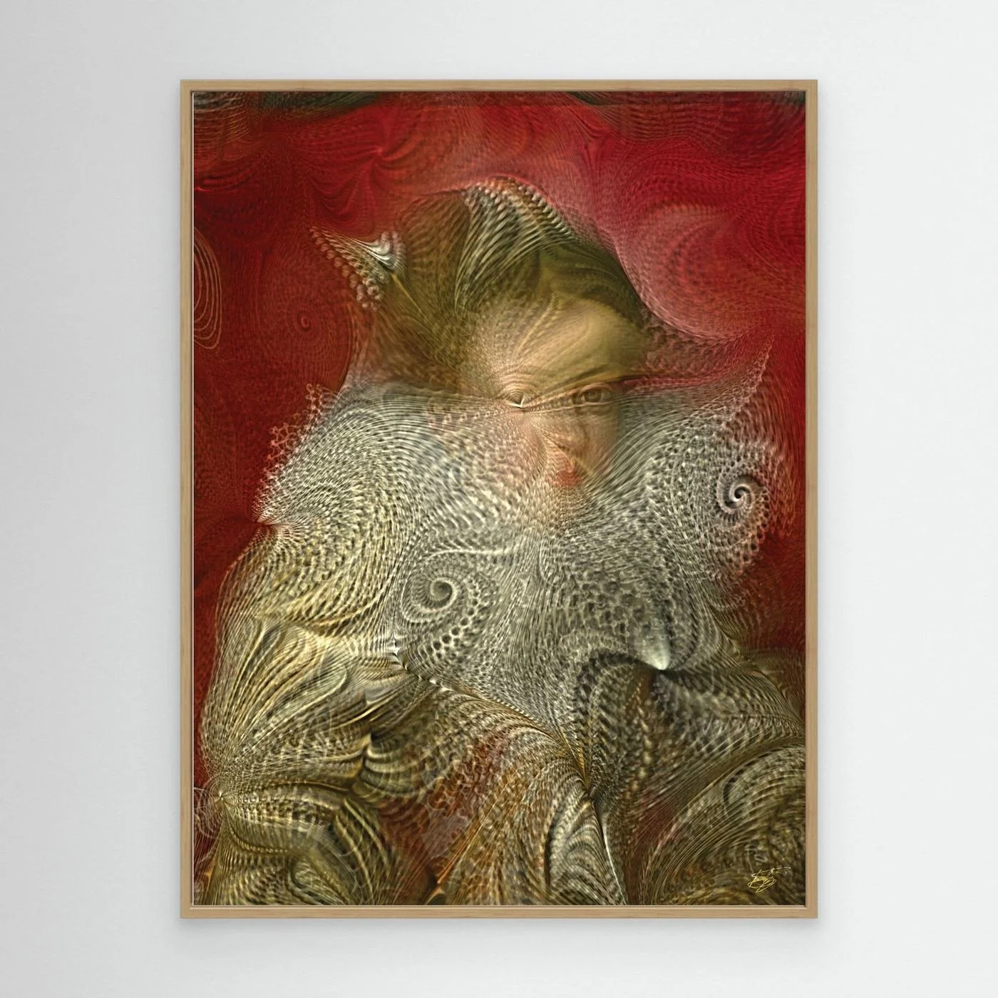 Contemporary fine art print of a deconstructed Renaissance portrait into complex spiral fractal patterns and textures against a crimson red background, framed and ready to hang. With wooden frame