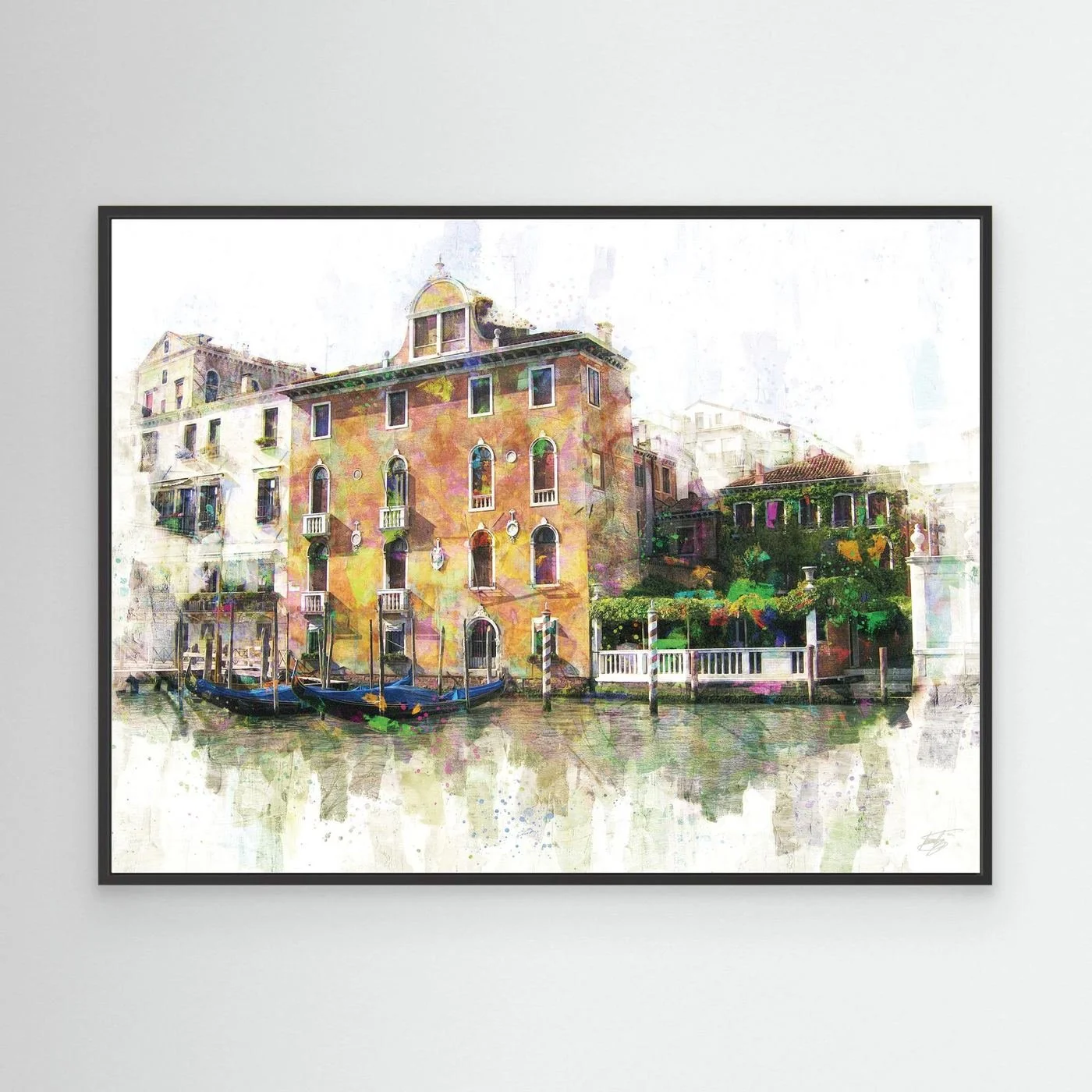 Vibrant fine art print of a classic Venice canal landscape with historic Italian architecture, docked gondolas, and colorful reflections on the water, framed and ready to hang. With black frame