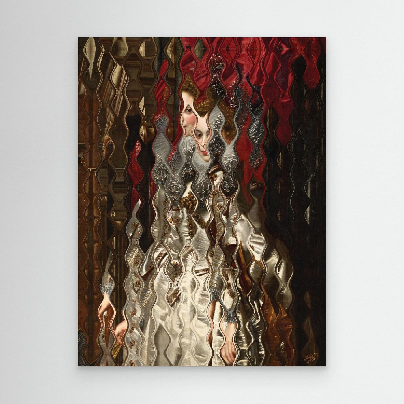 Contemporary fine art print of a Renaissance portrait deconstructed through a vertical wave distortion pattern, featuring a white satin gown and crimson red background, framed and ready to hang.