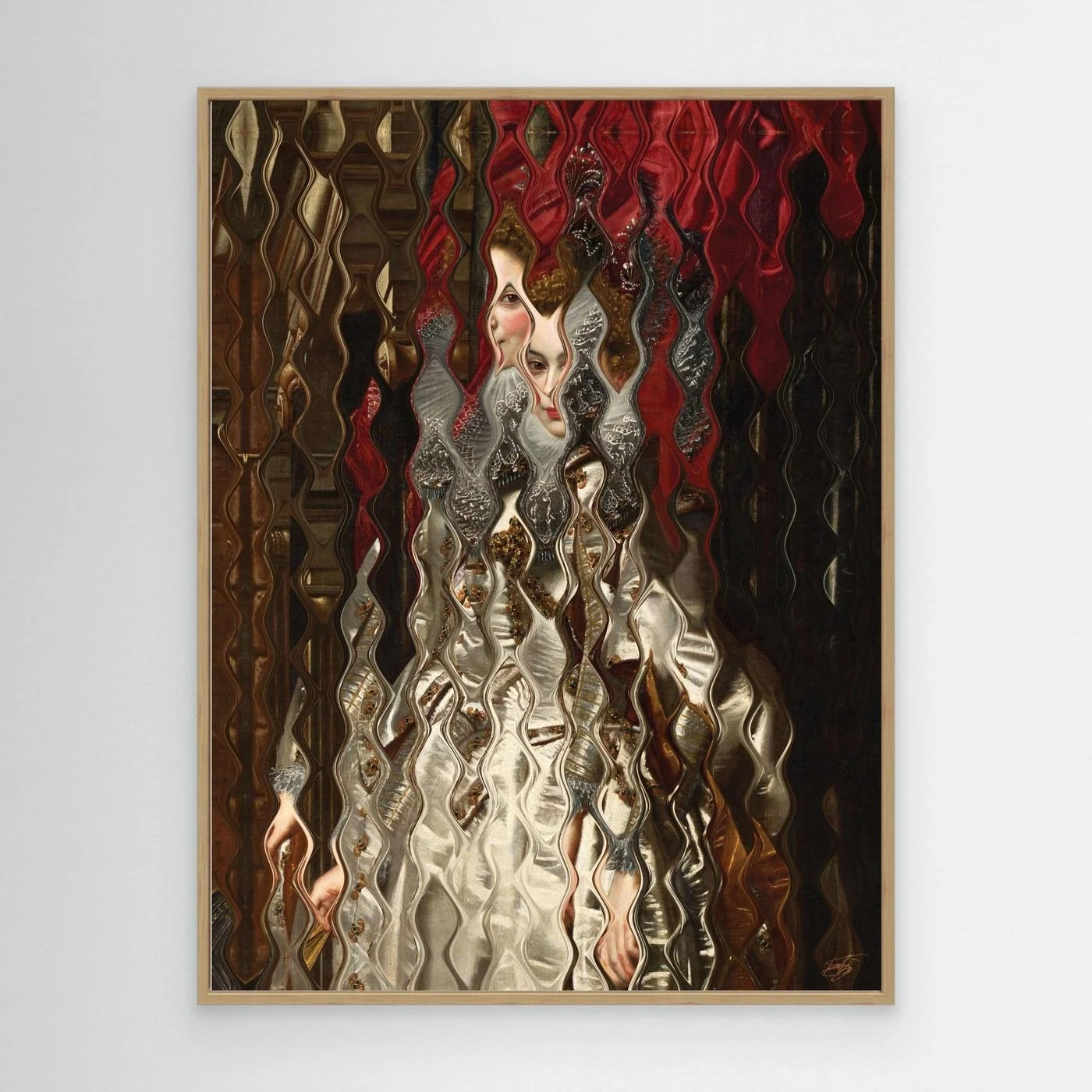 Contemporary art of a Renaissance portrait deconstructed through a wave distortion pattern, a white gown and crimson red background, framed and ready to hang. With wooden frame