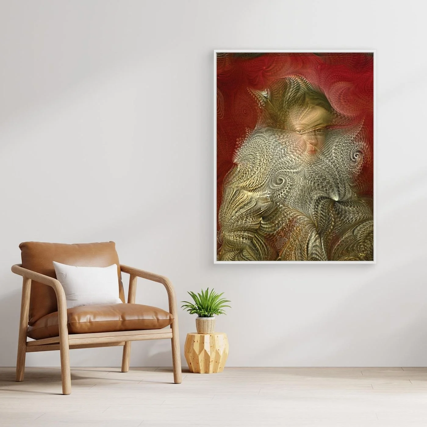 Contemporary fine art print of a deconstructed Renaissance portrait into complex spiral fractal patterns and textures against a crimson red background, framed and ready to hang. With chair