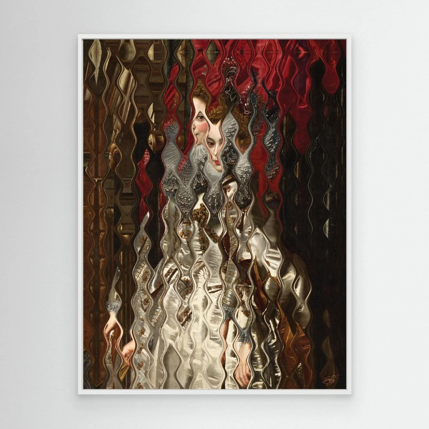 Contemporary art of a Renaissance portrait deconstructed through a wave distortion pattern, a white gown and crimson red background, framed and ready to hang. With white frame