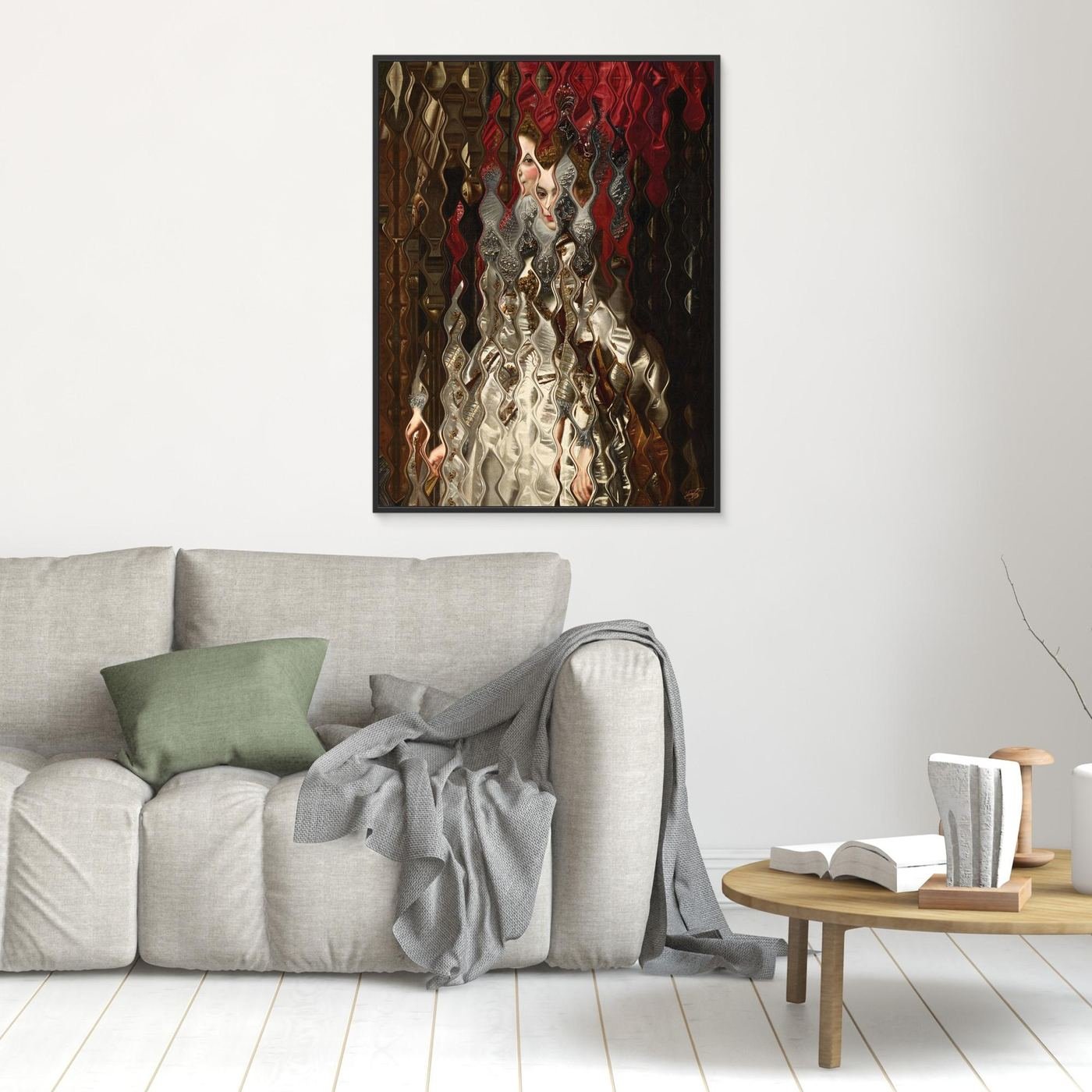 Contemporary art of a Renaissance portrait deconstructed through a wave distortion pattern, a white gown and crimson red background, framed and ready to hang. In living room