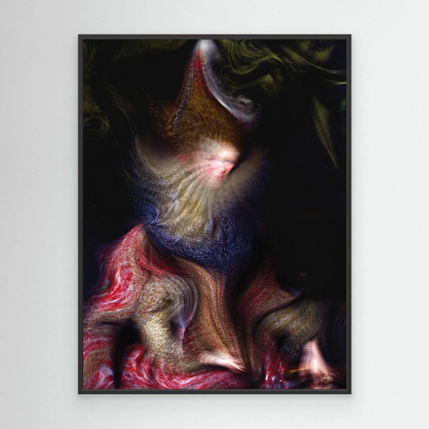 Contemporary fine art print of an abstract and surrealist deconstruction of a classical portrait, in crimson red, old gold, and navy blue, framed and ready to hang. With black frame