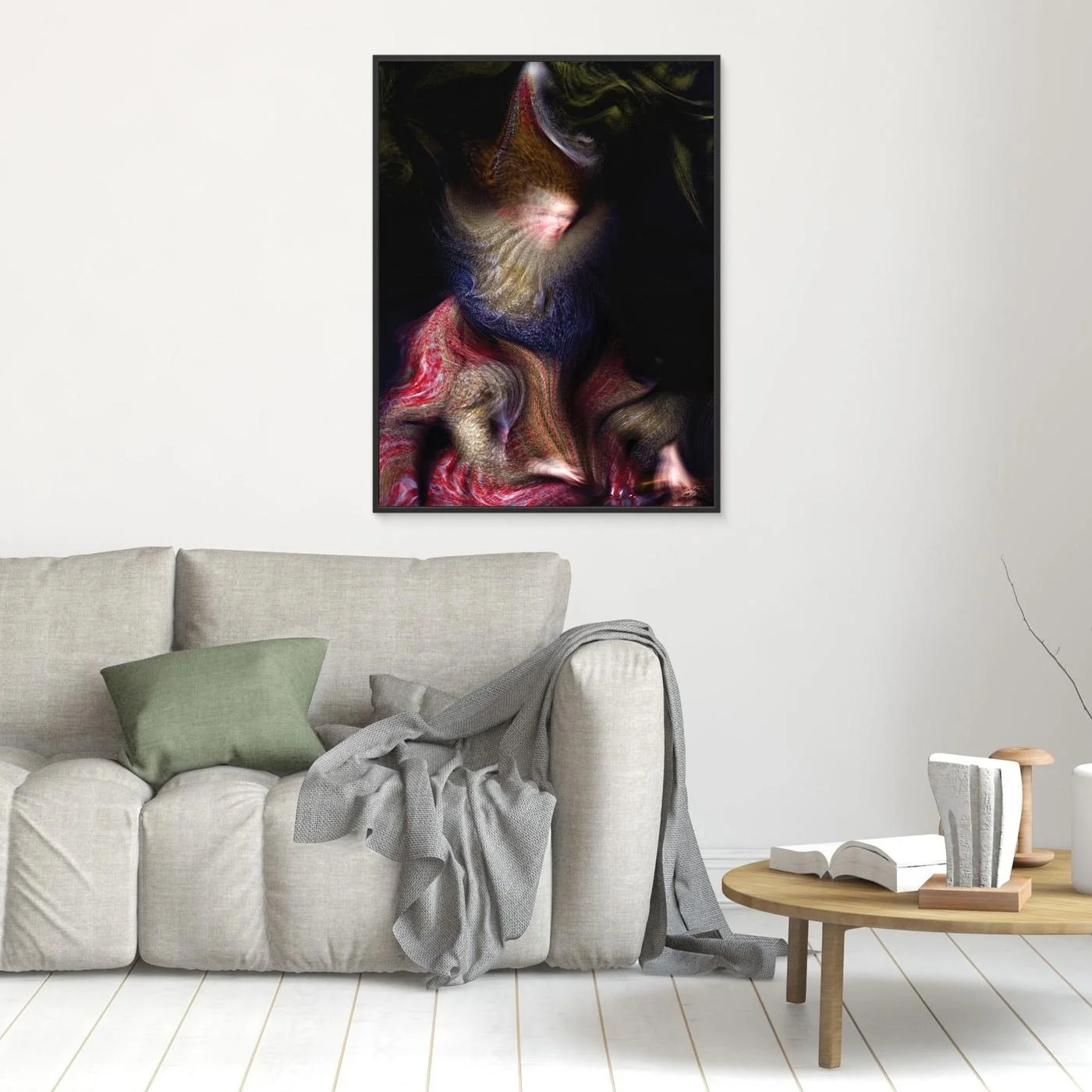 Contemporary fine art print of an abstract and surrealist deconstruction of a classical portrait, in crimson red, old gold, and navy blue, framed and ready to hang. In living room
