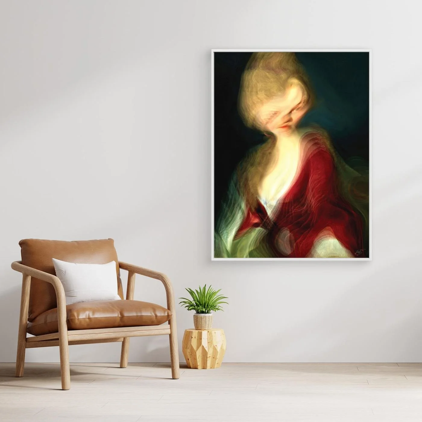 Contemporary fine art print of a surreal liquid deconstruction of a classical portrait with a towering blonde hairstyle and a flowing crimson red gown, framed and ready to hang. With chair