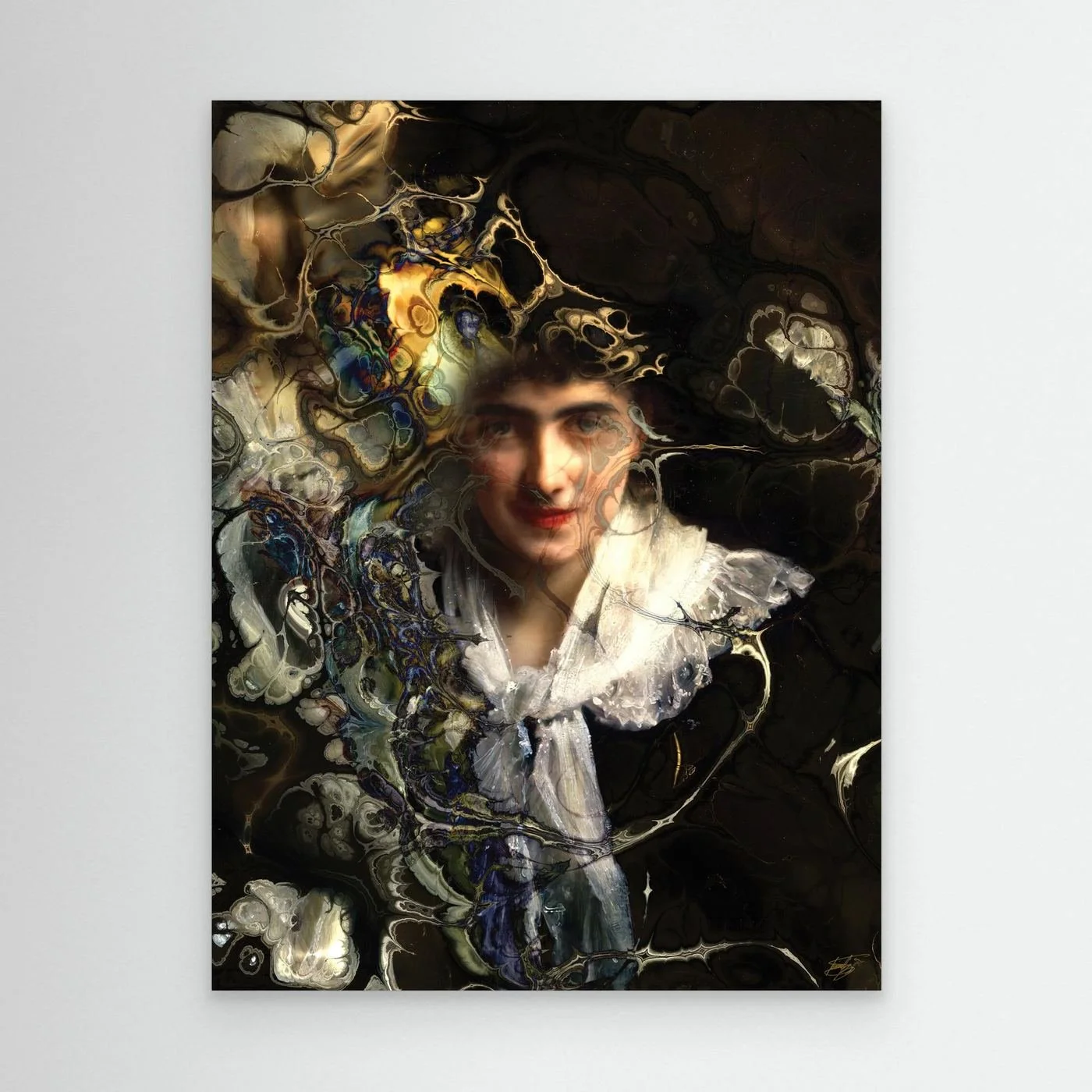 Contemporary fine art print with a classical vintage portrait of a woman with complex fluid marble textures, fractal patterns, and a dark moody background, framed and ready to hang.