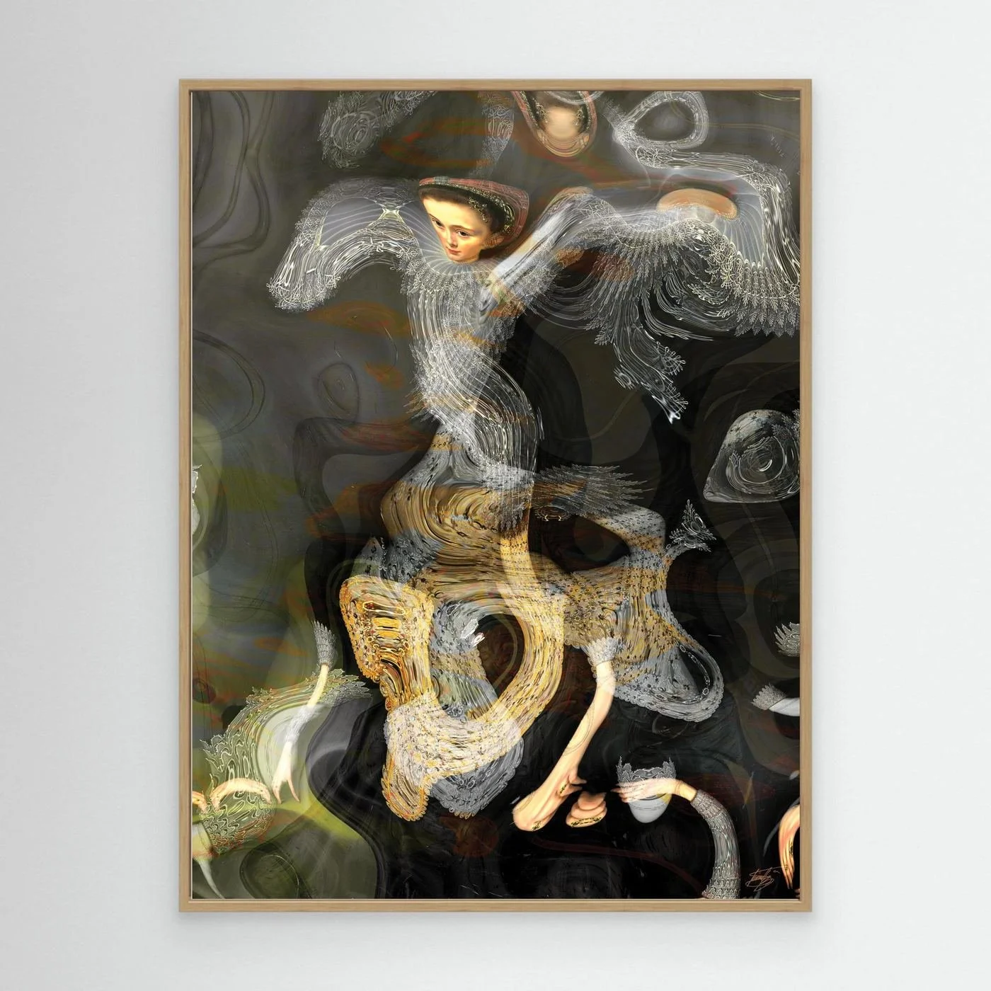 Contemporary fine art print of a surreal, liquid deconstruction of a classical Renaissance portrait with fractal lace textures on smoky background, framed and ready to hang. With wooden frame