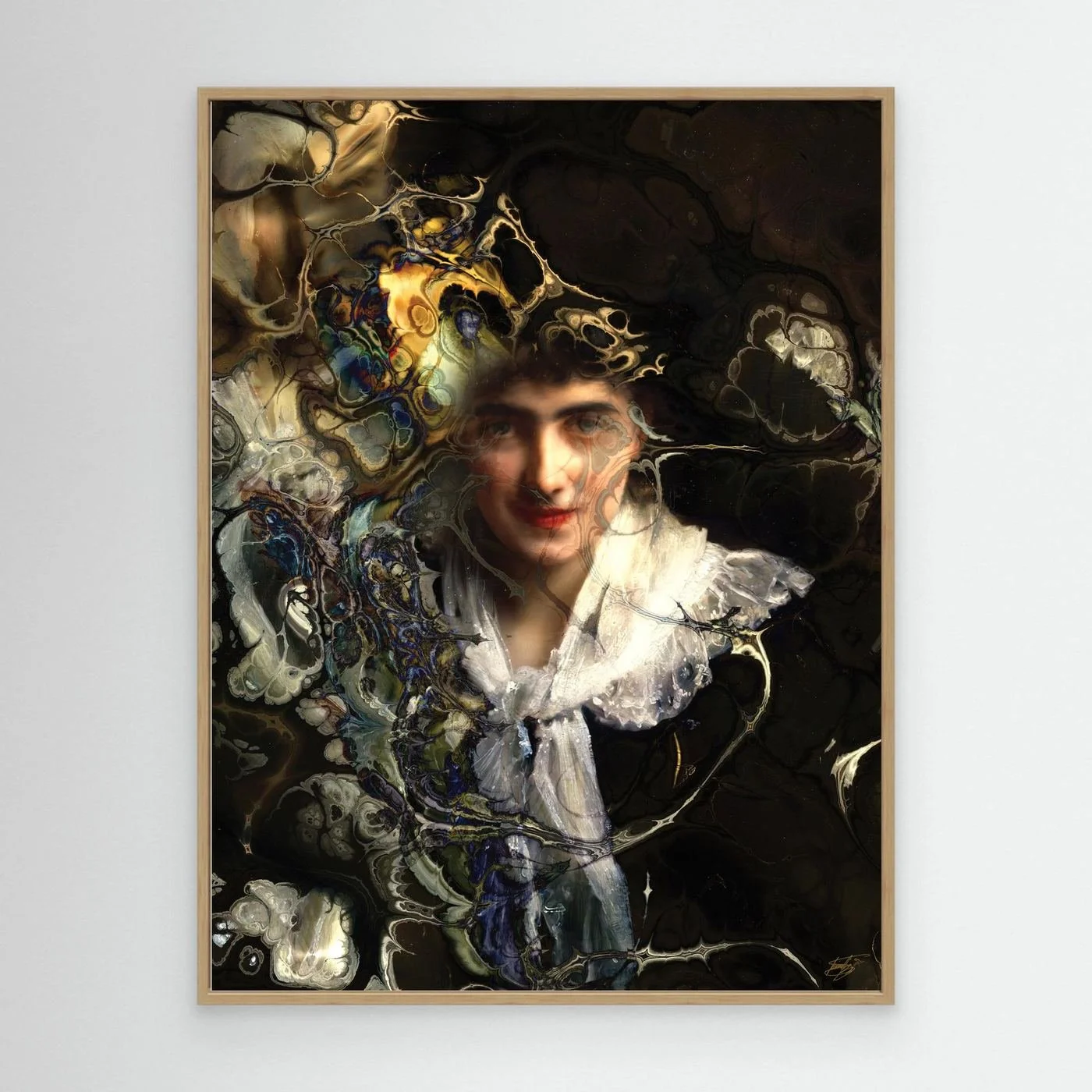Contemporary fine art print with a classical vintage portrait of a woman with complex fluid marble textures, fractal patterns, and a dark moody background, framed and ready to hang. With wooden frame