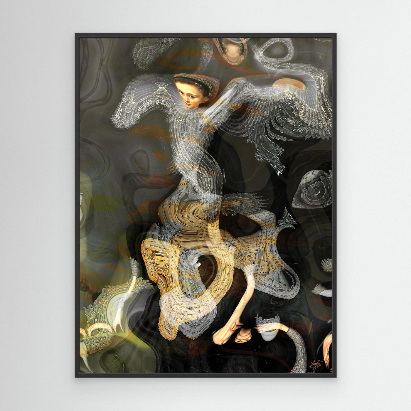 Contemporary fine art print of a surreal, liquid deconstruction of a classical Renaissance portrait with fractal lace textures on smoky background, framed and ready to hang. With black frame